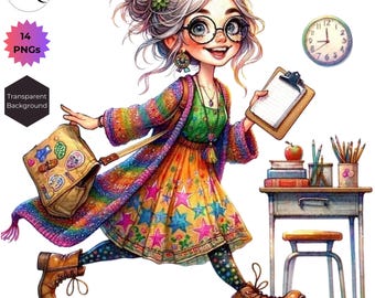 Puede incluir: Una ilustración de dibujos animados de una niña con el pelo largo y blanco que lleva un cárdigan arcoíris, un vestido amarillo con estrellas y botas marrones. Lleva una mochila marrón y un portapapeles. Hay un reloj en la pared y un escritorio con útiles escolares en el fondo.