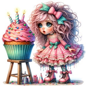 May include: A whimsical illustration of a girl with pink hair and blue eyes, wearing a pink polka-dot dress and pink boots. A large cupcake with lit candles sits on a wooden stool. Party hats and a gift box are on the ground.