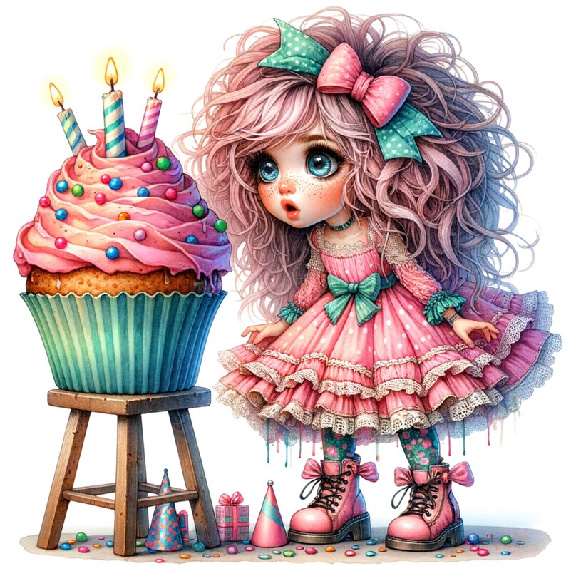 May include: A whimsical illustration of a girl with pink hair and blue eyes, wearing a pink polka-dot dress and pink boots. A large cupcake with lit candles sits on a wooden stool. Party hats and a gift box are on the ground.
