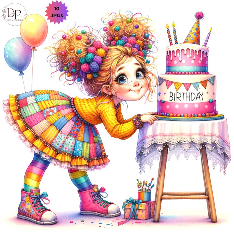 K&ouml;nnte beinhalten: Eine skurrile Illustration eines M&auml;dchens mit blonden Haaren und farbenfrohen Accessoires, darunter ein Patchwork-Rock und Regenbogen-Leggings. Sie beugt sich &uuml;ber eine dreist&ouml;ckige Geburtstagstorte mit dem Wort "BIRTHDAY". Ballons und Geschenke vervollst&auml;ndigen die festliche Szene.