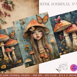 Pages de journal champignons fantaisistes 22 JPG, champignons Cottagecor, journal féerique du printemps indésirable, pages de journal papillon, décoration champignon fantaisiste