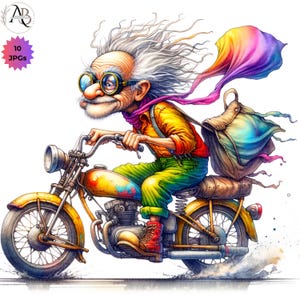 Anciano gracioso en motocicleta colorida 10JPG, motociclista gracioso, clipart peculiar, día de los abuelos, tarjeta hecha a mano, álbum de recortes, diario basura, capricho