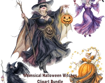 Paquete de imágenes prediseñadas PNG de Halloween: 20 brujas, vampira, mujer murciélago, mujer calabaza, colección de gráficos de Halloween, scrapbooking y creación de tarjetas.