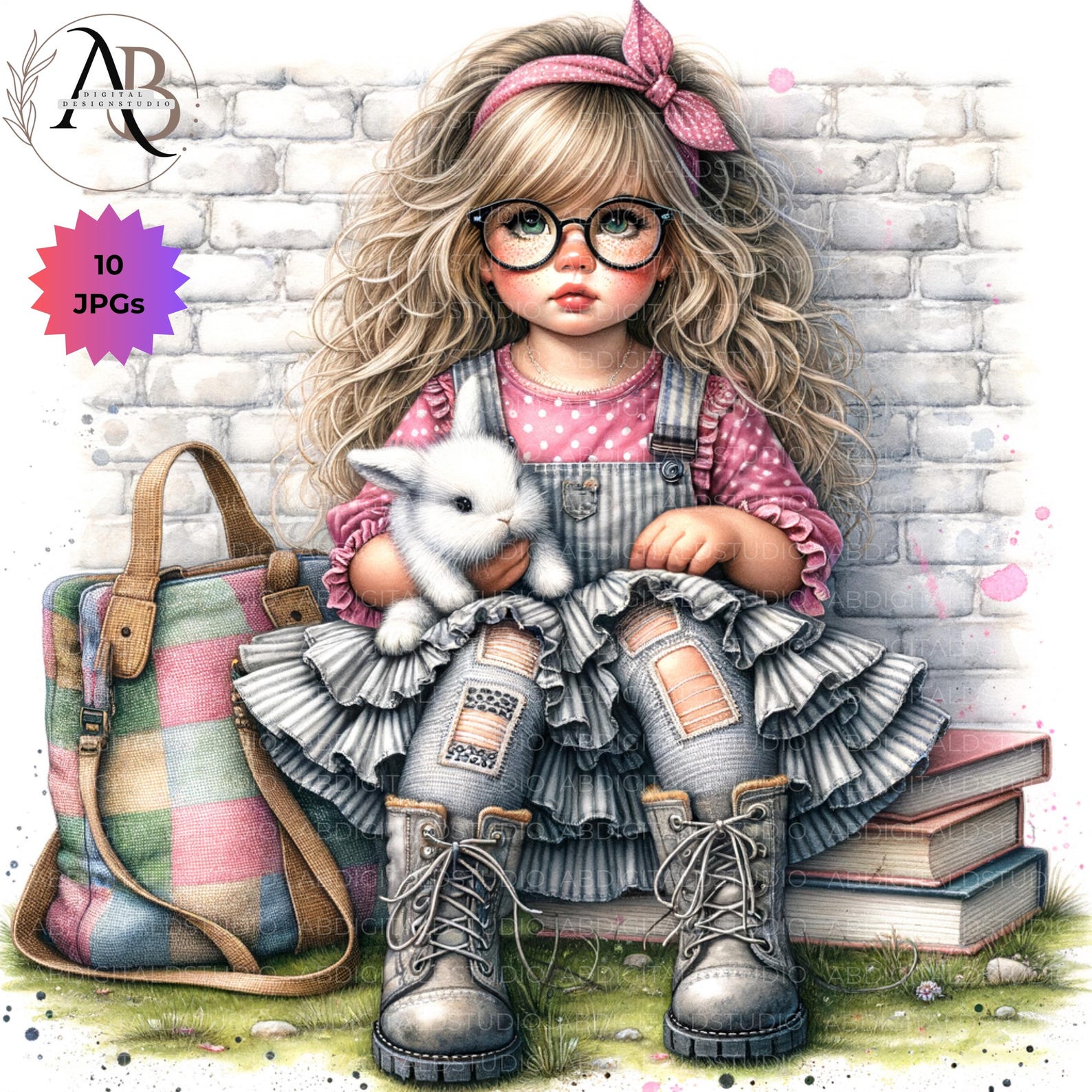 Quirky Girl With Bunnies Clipart Easter Bunny Girl 10JPG Whimsical Cute ...