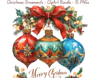 Watercolor Christmas Ornament Clipart: Baubles & Wreath (15 PNG Digital Download) for Cardmaking, Sublimation, Scrapbooking #2