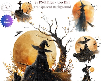 Paquete de 27 imágenes prediseñadas PNG de brujas caprichosas para Halloween, álbumes de recortes de brujas (DESCARGA DIGITAL), decoraciones de arte de Halloween, sublimación.