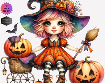 Clipart de Bruxa Fantástica para o Halloween: Menina Assustadora PNG (Download Digital, 12 PNGs) Scrapbooking, Convites