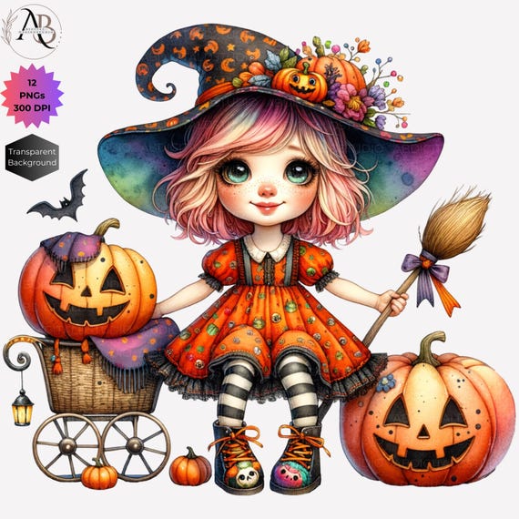 Whimsical Halloween Witch Clipart: Spooky Girl PNG (Digital Download, 12 PNG) Scrapbooking, Invitation Cards