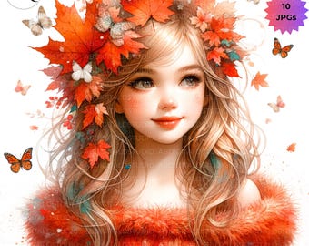 Verspieltes Herbstmädchen-Clipart-Bundle: Herbstliche Scrapbooking-Designs für Junk Journals (Digitaler Download, 10 JPGs)