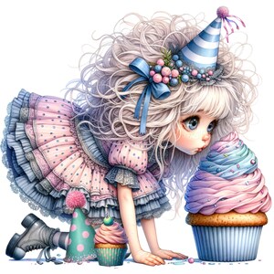May include: An illustration of a doll-like figure with long, curly white hair, wearing a pink polka-dot dress and a blue and white striped party hat. The figure is looking at a large cupcake with blue and pink frosting. Two smaller cupcakes and a party hat are also present.