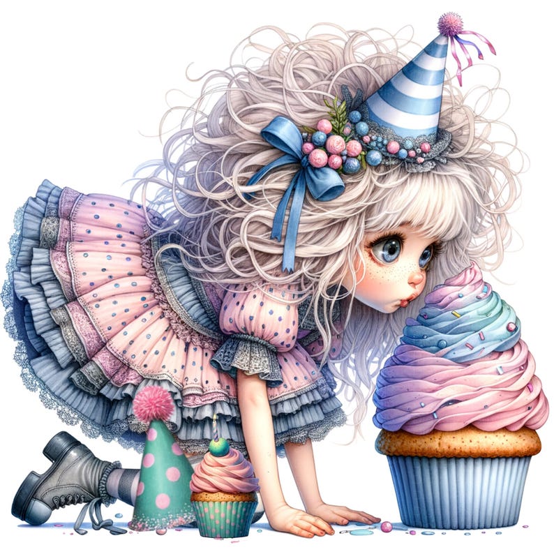 May include: An illustration of a doll-like figure with long, curly white hair, wearing a pink polka-dot dress and a blue and white striped party hat. The figure is looking at a large cupcake with blue and pink frosting. Two smaller cupcakes and a party hat are also present.