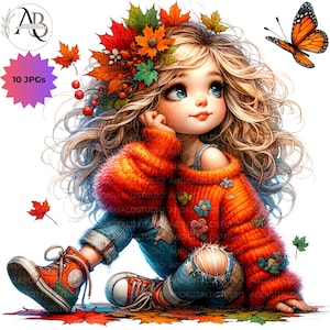 Quirky Girl Clipart Outono Menina Folhas de Outono Clipart Pacote 10 JPG Imprimível Aquarela DIGITAL download Scrapbooking Diário Cartão Fazendo