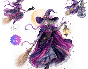 Páginas de brujas de Halloween, paquete de 12 imágenes prediseñadas JPG, gráficos de Halloween, arte de brujas, álbum de recortes de brujas (DESCARGA DIGITAL)