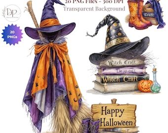Paquete de imágenes prediseñadas PNG de brujas de Halloween, estética mágica y caprichosa en formato PNG, arte de sombreros de bruja, libro de hechizos, diario de recortes, sublimación