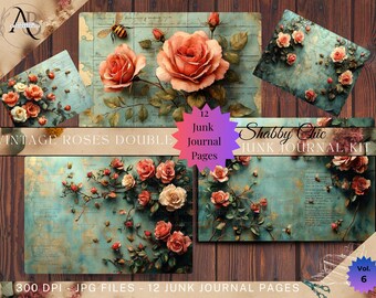 Zestaw do dziennika Shabby Chic Junk 12JPG Papiery w stylu vintage z różami, materiały do druku do dziennika Rose Junk, pamiątki z różami, cyfrowe papiery Shabby Chic, ważki