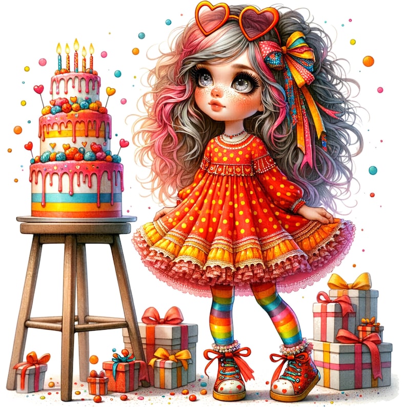 K&ouml;nnte beinhalten: Eine skurrile Illustration einer puppenartigen Figur in einem roten Polka-Dot-Kleid, Regenbogen-gestreiften Socken und herzf&ouml;rmiger Sonnenbrille. Ein mehrst&ouml;ckiger Geburtstagskuchen mit Kerzen steht auf einem Hocker. Geschenkboxen mit Schleifen sind verstreut.