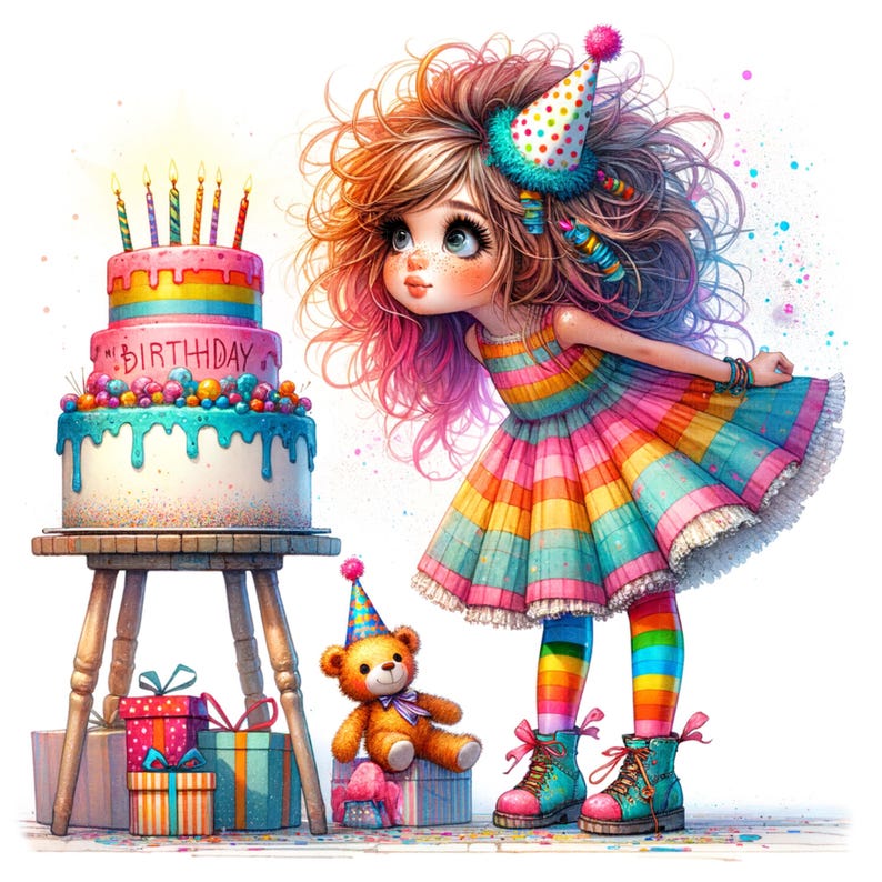 K&ouml;nnte beinhalten: Eine skurrile Illustration eines M&auml;dchens in einem regenbogenfarbenen gestreiften Kleid und Stiefeln, mit passenden gestreiften Leggings. Sie blickt auf eine dreist&ouml;ckige Geburtstagstorte mit Kerzen. Ein Teddyb&auml;r und verpackte Geschenke sind in der N&auml;he. Auf der Torte steht das Wort "BIRTHDAY".