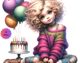May include: A young girl with blonde curly hair sits with her legs crossed, wearing a pink and green jumper and blue jeans. She is looking up and smiling. There is a birthday cake with candles and colourful sprinkles in front of her. There are also colourful balloons in the background.