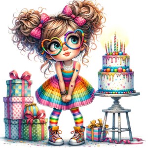K&ouml;nnte beinhalten: Bunte Illustration eines M&auml;dchens mit lockigem Haar, das Regenbogen-Streifenkleidung und herzf&ouml;rmige Brille tr&auml;gt. Ein mehrst&ouml;ckiger Geburtstagskuchen mit brennenden Kerzen steht auf einem kleinen Tisch. Mehrere Geschenkboxen mit Schleifen sind ebenfalls vorhanden.