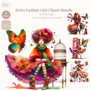 風変わりなレトロガールズPNG：10種類の個性的な春ファッションガールズバンドルクリップアート（デジタルダウンロード）印刷可能なアート、ジャンクジャーナル、昇華プリント