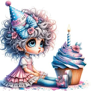 May include: A whimsical illustration of a doll-like figure with large blue eyes, wearing a pink dress and a polka-dot birthday hat. A large cupcake with blue frosting and a lit candle sits beside the figure. The image has a soft, pastel color palette.