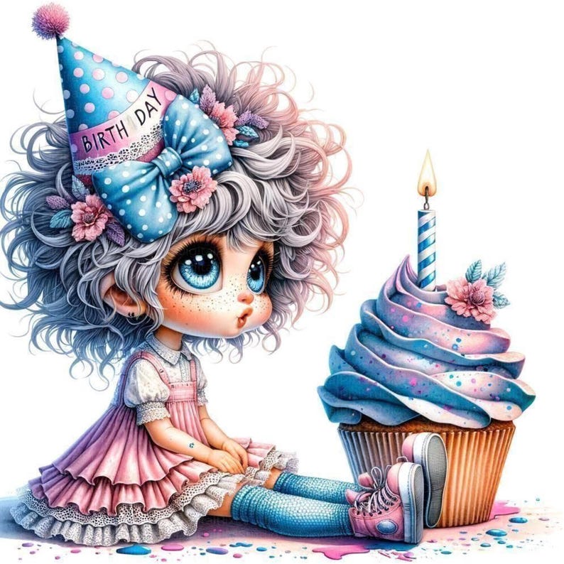 May include: A whimsical illustration of a doll-like figure with large blue eyes, wearing a pink dress and a polka-dot birthday hat. A large cupcake with blue frosting and a lit candle sits beside the figure. The image has a soft, pastel color palette.