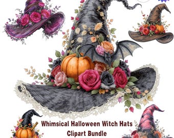 Sombreros de bruja florales - Paquete de Halloween PNG Clipart, Elementos de brujas, Material imprimible para diario de brujas, Efímeros de brujas para scrapbooking y sublimación