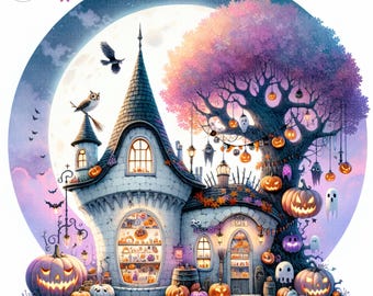 Clipart di un negozio di Halloween ad acquerello: Junk Journal, Scrapbooking, Creazione di biglietti (Download digitale, 10 JPG)