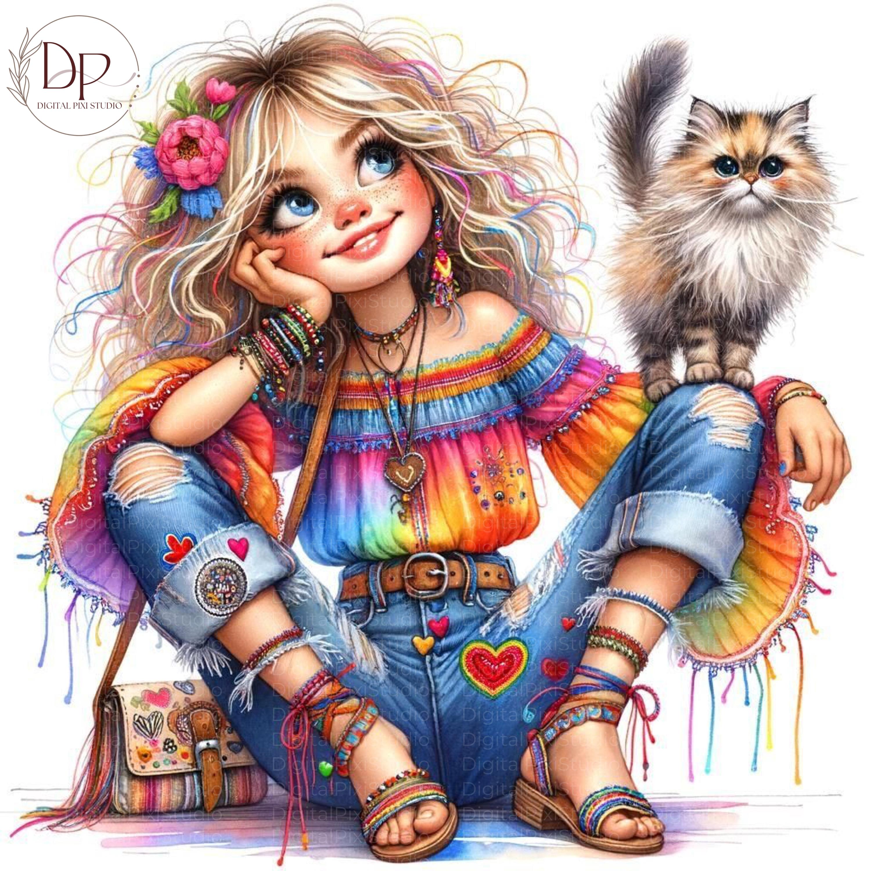 Quirky Girl Clipart Funny Girl Cute Whimsical Girl With Cat Clip Art 20 ...