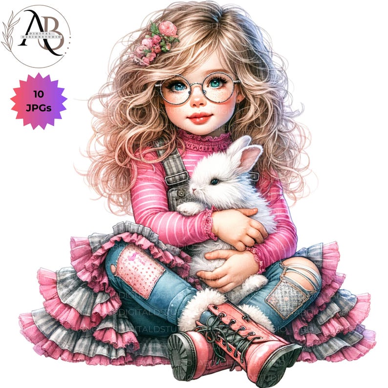 Quirky Girl With Bunnies Clipart Easter Bunny Girl 10JPG Whimsical Cute ...