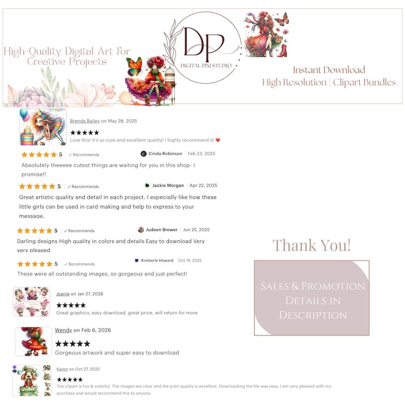 K&ouml;nnte beinhalten: Digitales Kunstbild mit dem Text "High-Quality Digital Art for Creative Projects" und "Instant Download High Resolution | Clipart Bundles." Das Bild enth&auml;lt Illustrationen von M&auml;dchen, Schmetterlingen und Blumen. Kundenbewertungen werden ebenfalls angezeigt.
