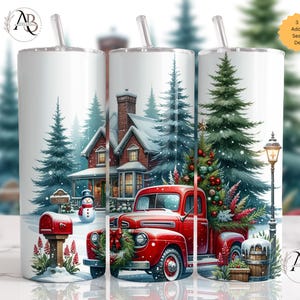 Christmas Truck Cozy Home Snow 20 skinny Tumbler Wrap Sublimation Design Instant PNG DIGITAL ONLY Download, Christmas Red Truck Tumbler Wrap