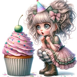 May include: An illustration of a girl with large eyes wearing a party hat, a pink dress, and boots, looking at a large cupcake with pink frosting, colorful sprinkles, and a cherry on top. The cupcake is in a striped paper cup.