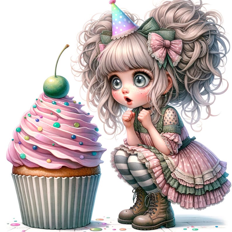 May include: An illustration of a girl with large eyes wearing a party hat, a pink dress, and boots, looking at a large cupcake with pink frosting, colorful sprinkles, and a cherry on top. The cupcake is in a striped paper cup.