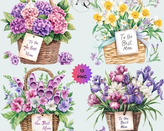 Muttertag Blumen Clipart Bundle: 13 PNG beste Mutter Aquarell Clipart Bundle (Digitaler Download) für Cardmaking, Scrapbooking, Sublimation