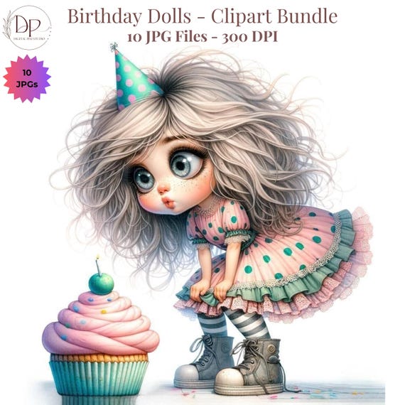 Quirky Birthday Cake Quirky Girl Clipart 10JPG Printable Card Birthday Card Birthday Party Whimsical Birthday Clipart Digital Birthday Cards