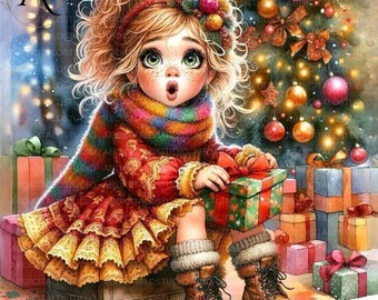 Quirky Girl Funny Girl Cute Whimsical Girl With Christmas Presents 10JPG Printable Watercolor Bundle Scrapbooking Journaling Card Making