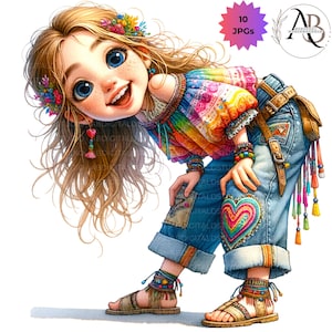 Fille bohème originale fille drôle mignon clipart lunatique Bundle aquarelle imprimable 10 JPG téléchargement numérique Scrapbooking journalisation fabrication de cartes