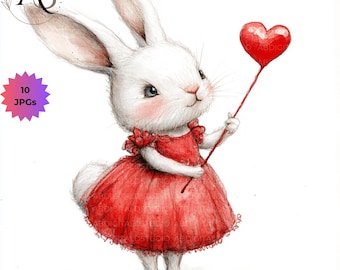 Imágenes prediseñadas de conejitos de San Valentín originales Imágenes prediseñadas de conejitos lindos 10 JPG Conejitos de Pascua Imágenes prediseñadas de acuarela Álbum de recortes Junkjourn Imágenes prediseñadas de corazones de amor Valentín