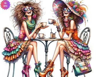 May include: A colorful digital illustration of two women sitting at a table, enjoying coffee. They wear vibrant dresses, sunglasses, and high heels. The image includes the text "Best Friends - Clipart Bundle" and "10 JPG Files - 300 DPI".