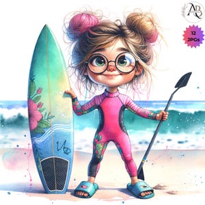 Chica surfista peculiar 12JPG, Chica surfista, Verano peculiar, Chicas lindas y caprichosas, Paquete de acuarelas imprimibles, Efímeras para diario basura de scrapbooking