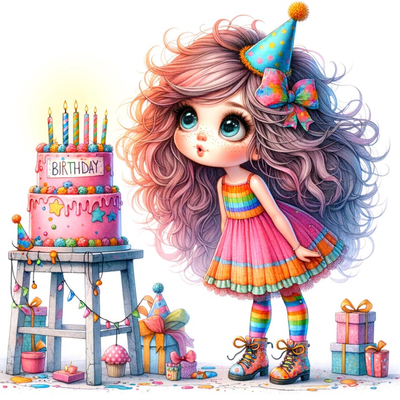 K&ouml;nnte beinhalten: Eine skurrile Illustration eines M&auml;dchens mit rosa und lila Haaren, das ein Regenbogenkleid und Stiefel, eine Partyh&uuml;tchen und eine Schleife tr&auml;gt. Ein rosa Geburtstagskuchen mit Kerzen und dem Wort "BIRTHDAY" steht auf einem Holzst&auml;nder, umgeben von Geschenken und Partydekorationen.