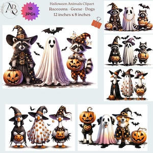 Funny Halloween Animals Clipart: Ghost, Raccoon, Goose, Dogs (Digital Download, 10 JPGs)