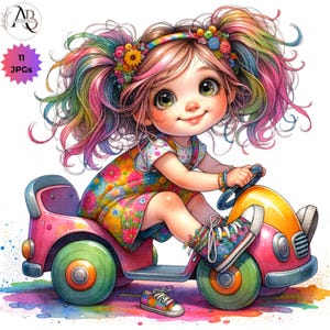 Filles originales sur une petite voiture 11 JPG, bébés originaux, bébés fantaisistes, jolie fille fantaisiste, oeuvre d'art pour chambre d'enfant, scrapbooking, journal indésirable, fabrication de cartes