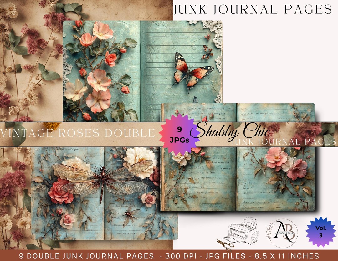 Shabby Chic Junk Journal Kit 9JPG Vintage Roses Papers, Rose Junk ...