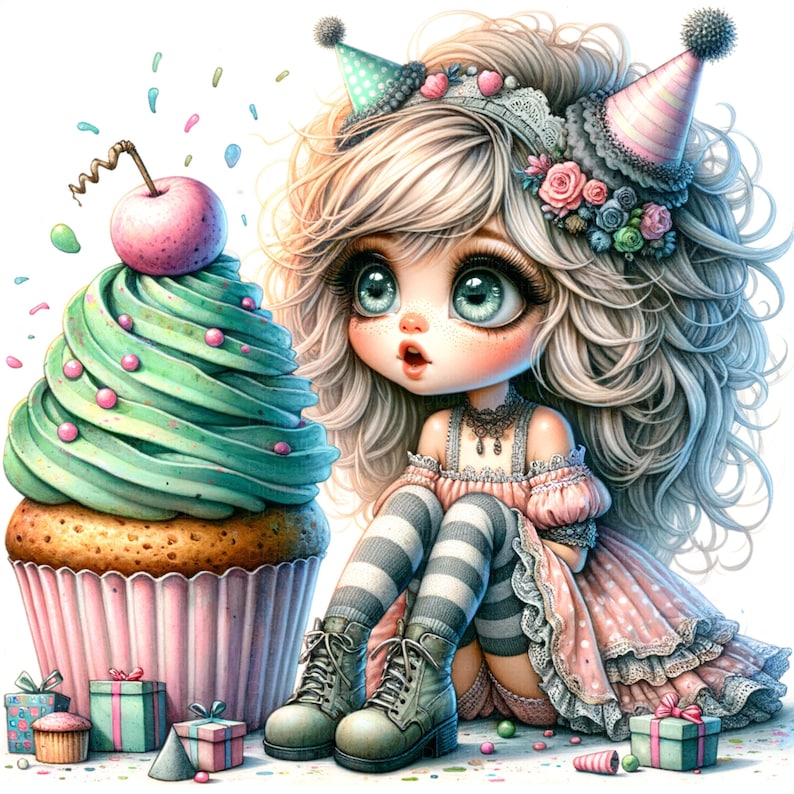 May include: A whimsical illustration of a doll-like figure with large eyes, wearing a party hat and a pink dress, sitting next to a giant cupcake with green frosting and a cherry on top. Several wrapped gifts are scattered around.