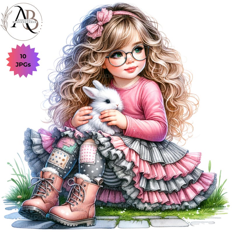 Quirky Girl With Bunnies Clipart Easter Bunny Girl 10JPG Whimsical Cute ...