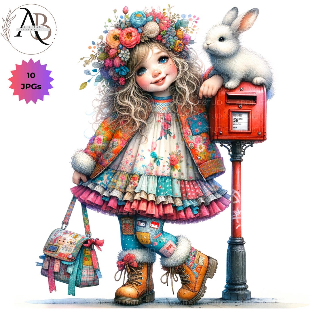 Quirky Girl With Bunnies Clipart Easter Bunny Girl 10JPG Whimsical Cute ...