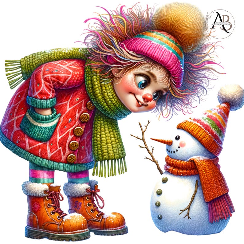 Quirky Girl With Snowman Clipart PNG Bundle 5 Digital Download for Christmas Handmade Card