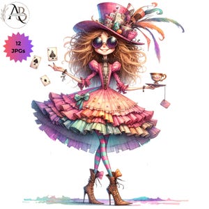 Chicas extravagantes y caprichosas, Chicas del Sombrerero Loco 12 JPG, Clipart de fiesta de té, Invitación de fiesta de té para niña, Chica fiestera caprichosa, Scrapbooking, Tarjeta hecha a mano